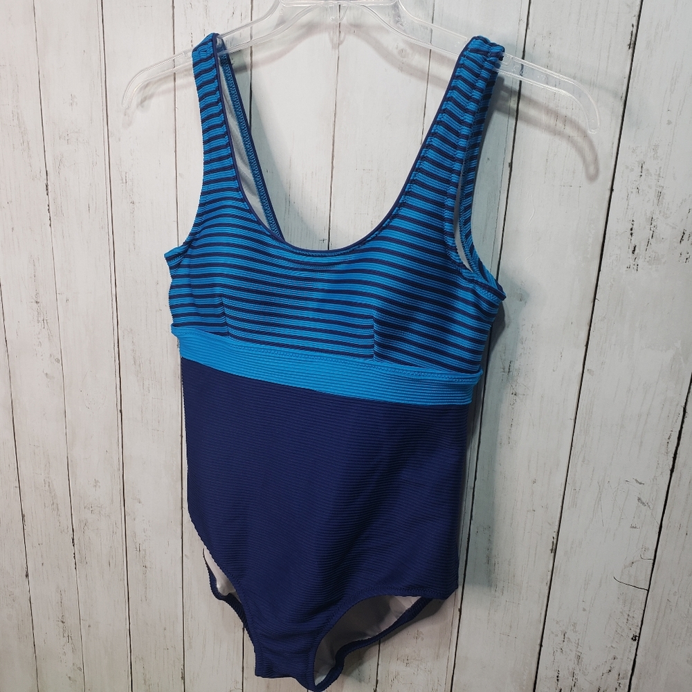 Lands End Women's Blue Two Tone Striped Swimsuit - Picture 3 of 8